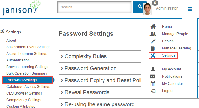 Password Settings screen