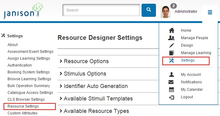 Resource Designer Settings screen