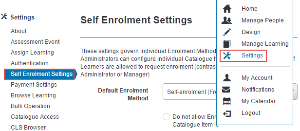 Self Enrolment Settings screen