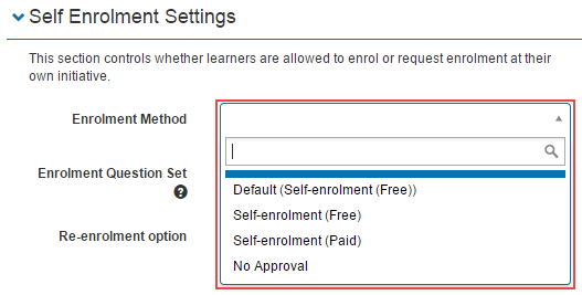 Catalogue item enrolment method dropdown