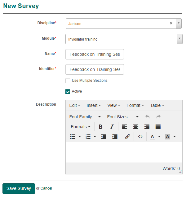 New Assessment Survey form