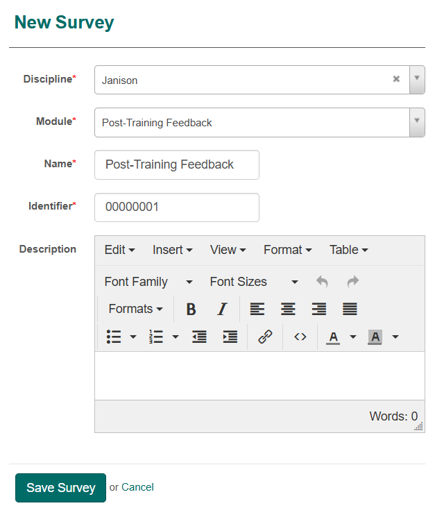 Completed New Survey form