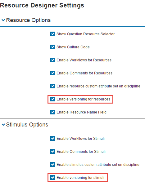 Versioning settings for resources and stimuli
