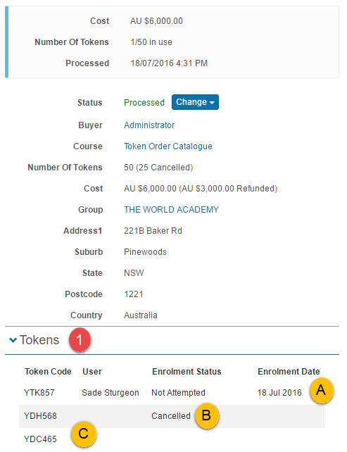 Tokens section status