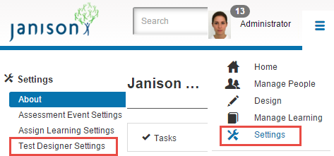 Test Designer Settings screen