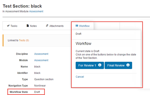 Workflow for test sections UI