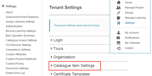 Catalogue Item Settings