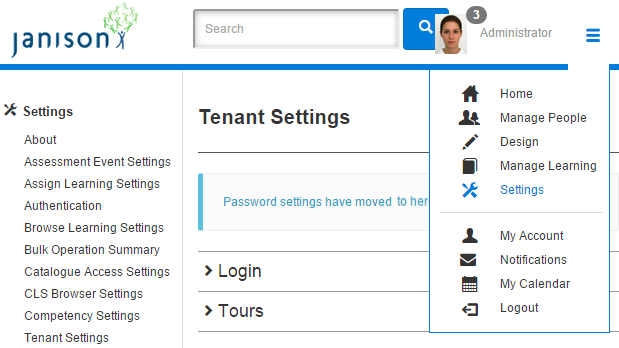 Tenant Settings screen