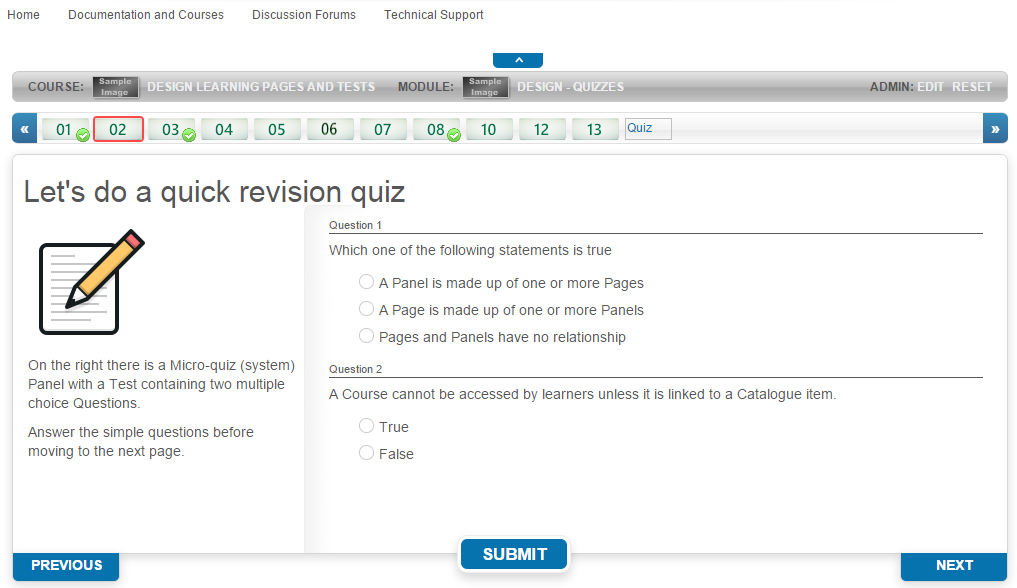 Learning module test in the course player