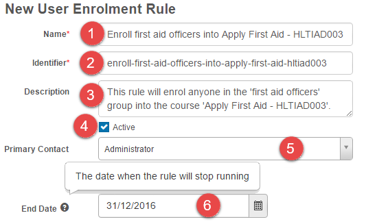 Add User Enrolment Rule form