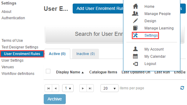 User Enrolment Rules screen