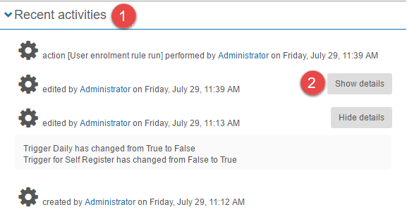 Recent activities log