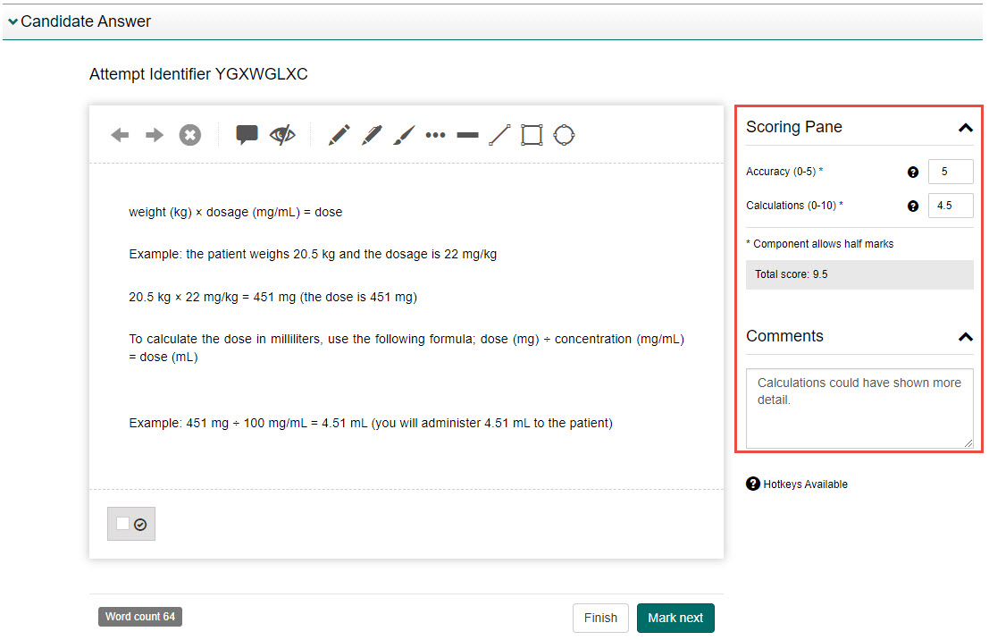 S1 Marking – scoring screen