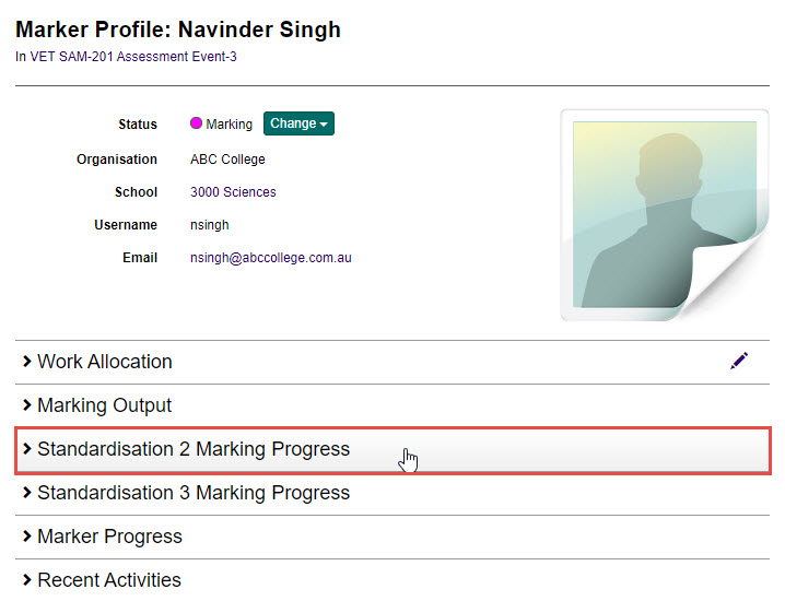 S2 Marking Progress expandable section