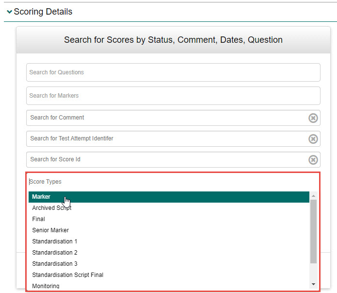 Score Types search field