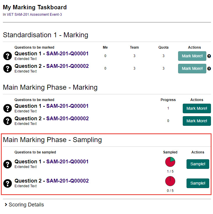 Main Marking Phase – Sampling section on taskboard