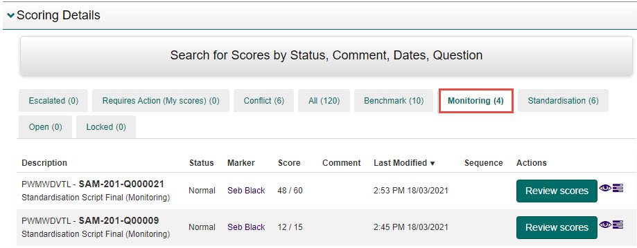 Monitoring tab in Scoring Details