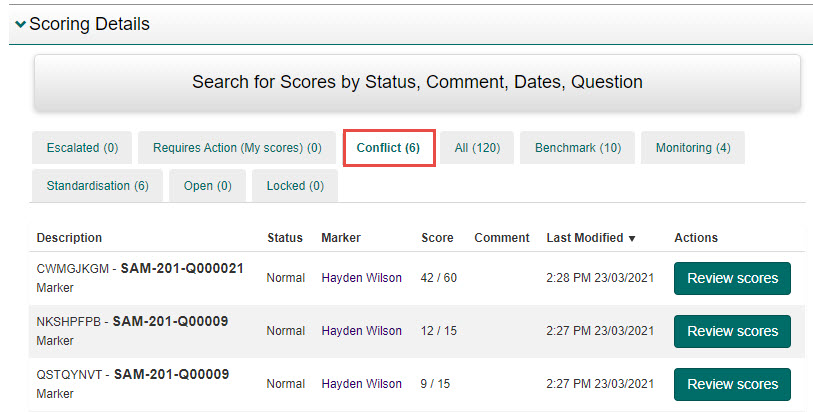 Conflict tab in Scoring Details