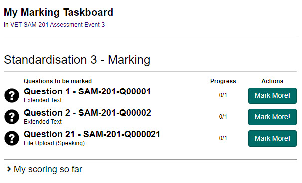 Marker taskboard showing S3 training section