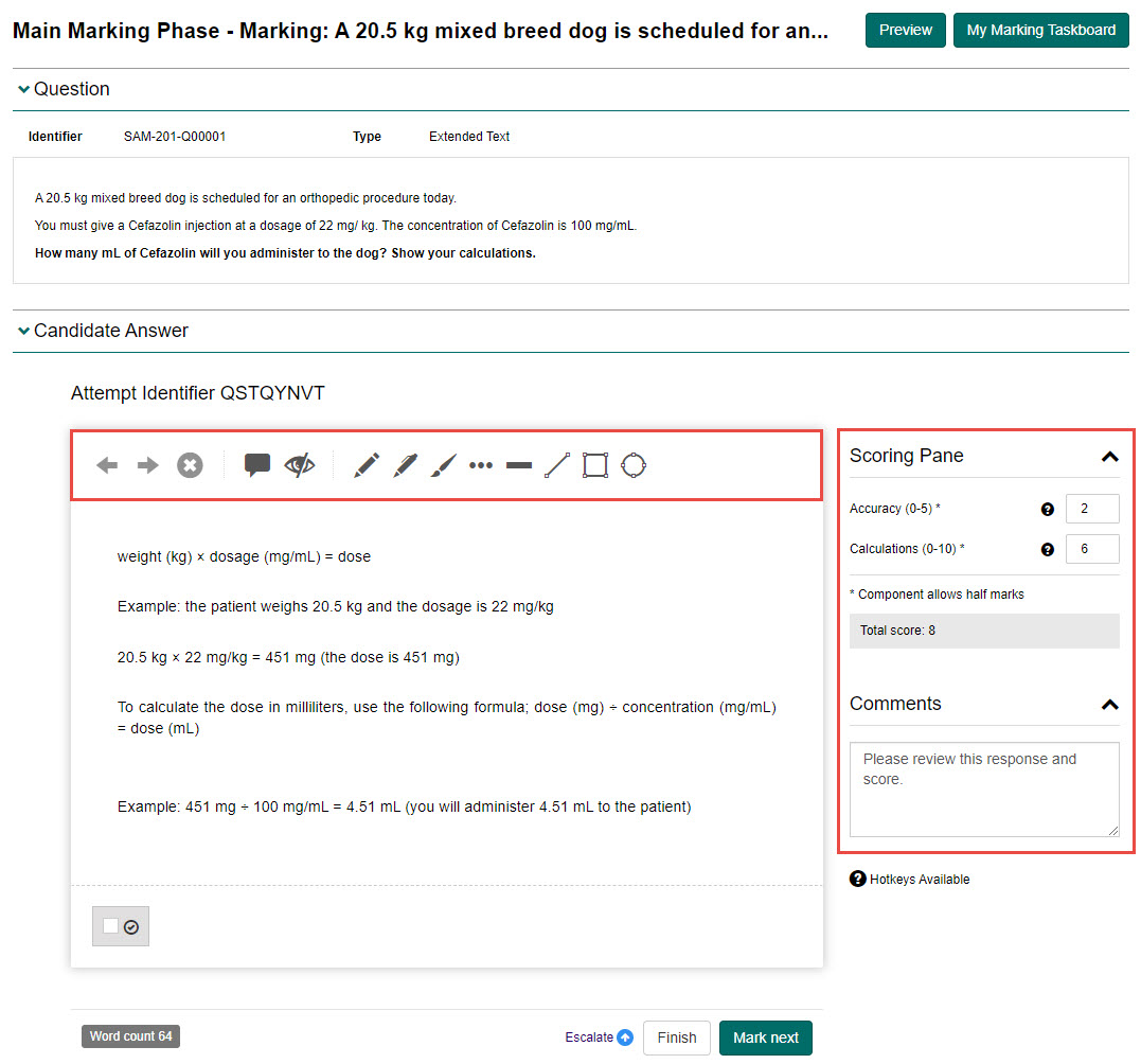 Marking screen with scoring pane and annotation tools