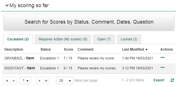 My scoring so far expandable section