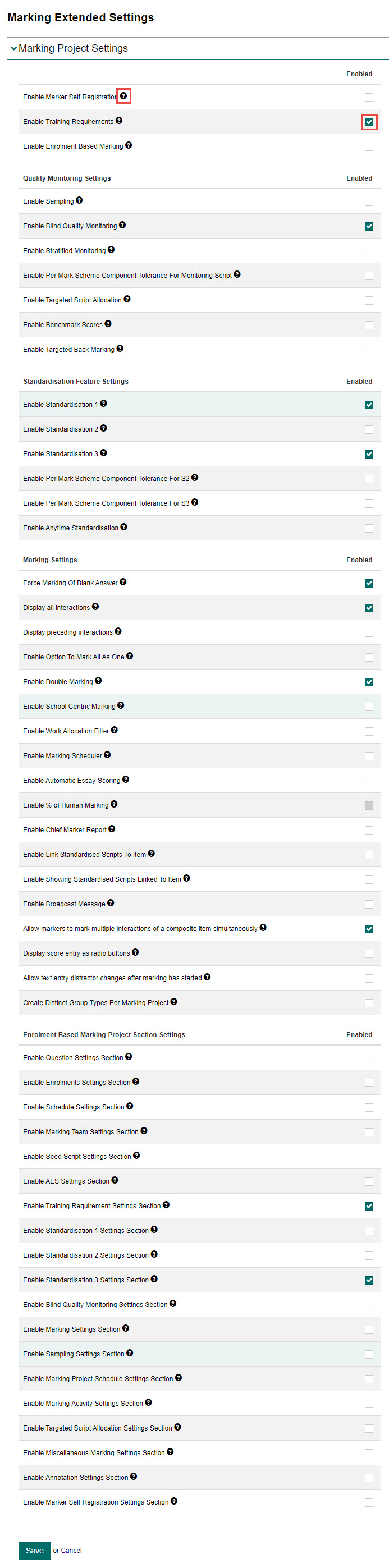Marking project settings options