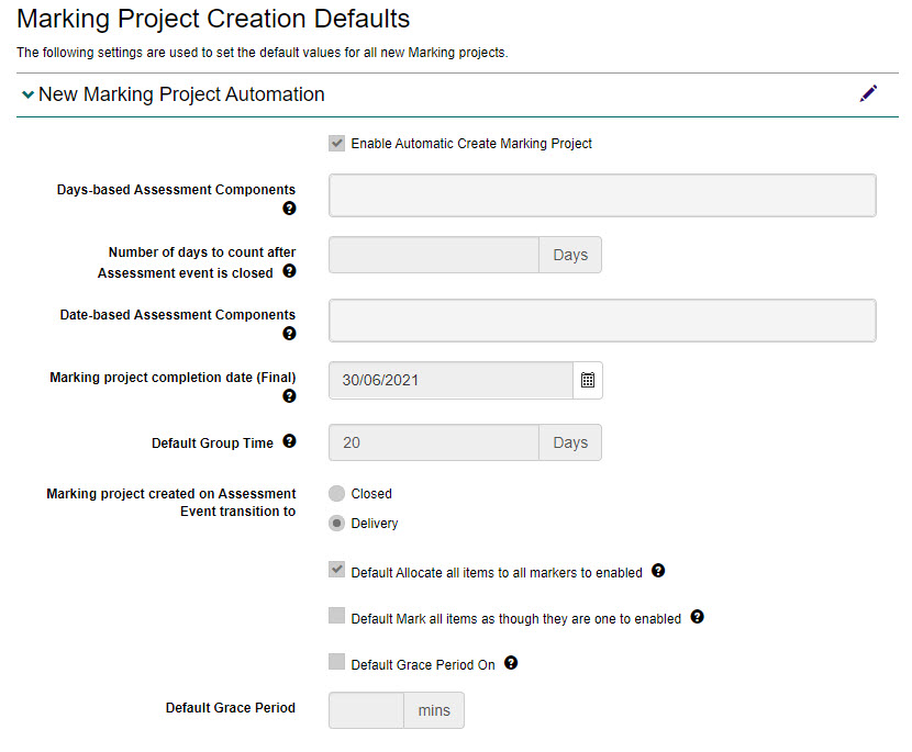 New marking project automation settings
