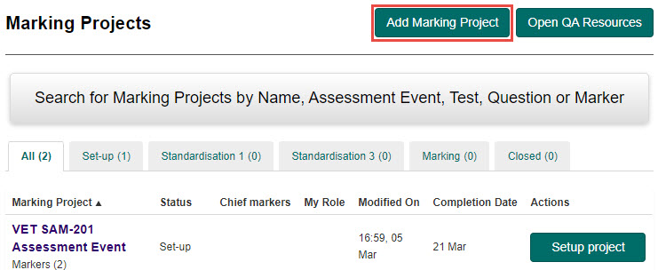 Add Marking Project button