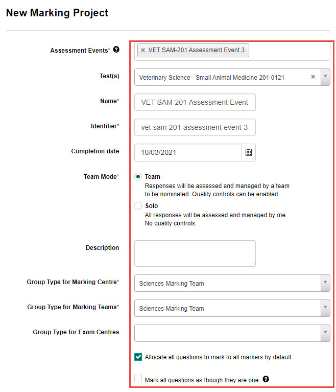 Marking project form — additional options