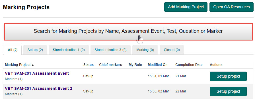 Marking Projects screen