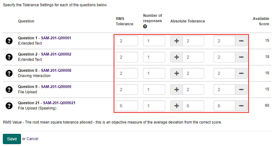 S2 tolerance and response settings grid