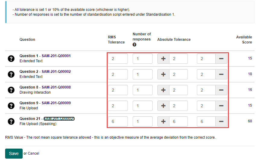 S3 tolerance and response settings grid