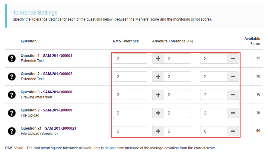 BQM tolerance settings grid