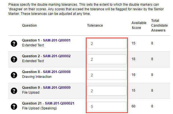Tolerance field per question