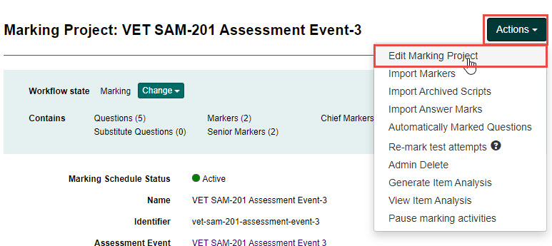Edit Marking Project option in Actions menu