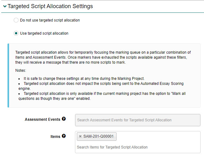 Targeted script allocation configuration with assessment events and items selected