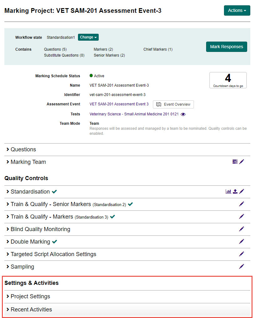 Settings and Activities section of the Marking Project screen