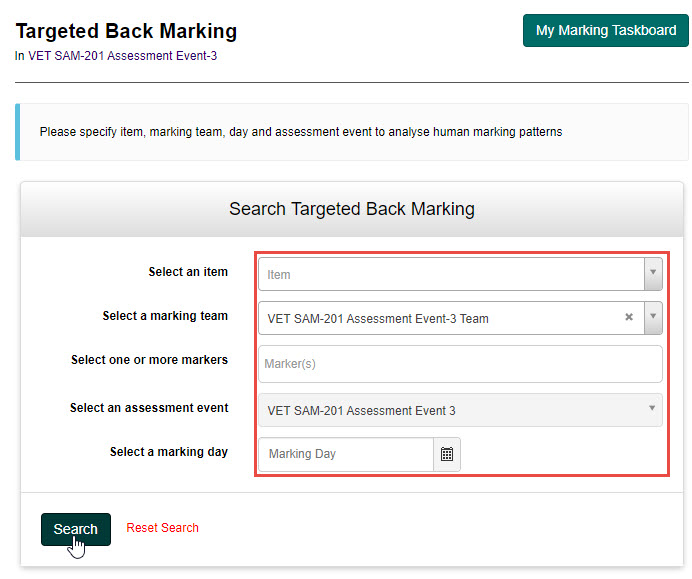 Search selections for targeted back marking