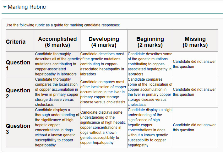 Marking Rubric section