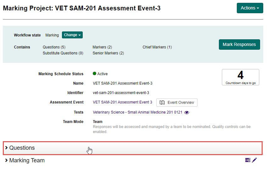 Questions expandable section on the Marking Project screen