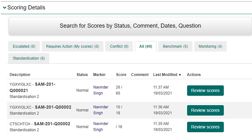 Scoring Details section accessed from My Marking Taskboard