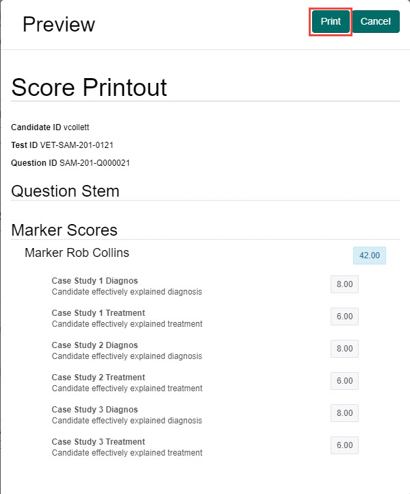 Print scores popup showing score breakdown