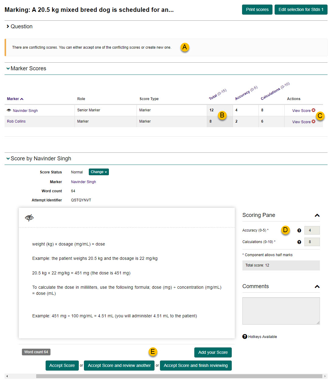 Conflict resolution interface with labelled features A-E
