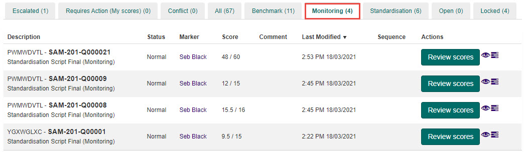 Monitoring tab showing standardisation monitoring scripts