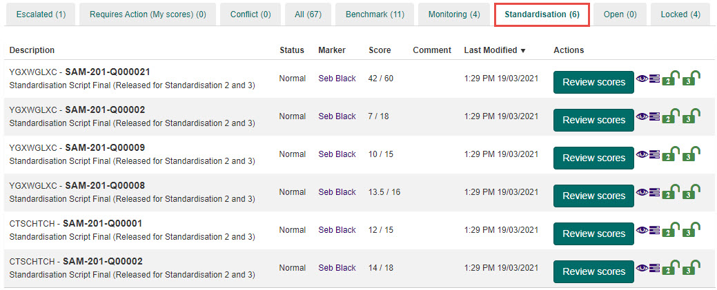 Standardisation tab showing standardisation scripts