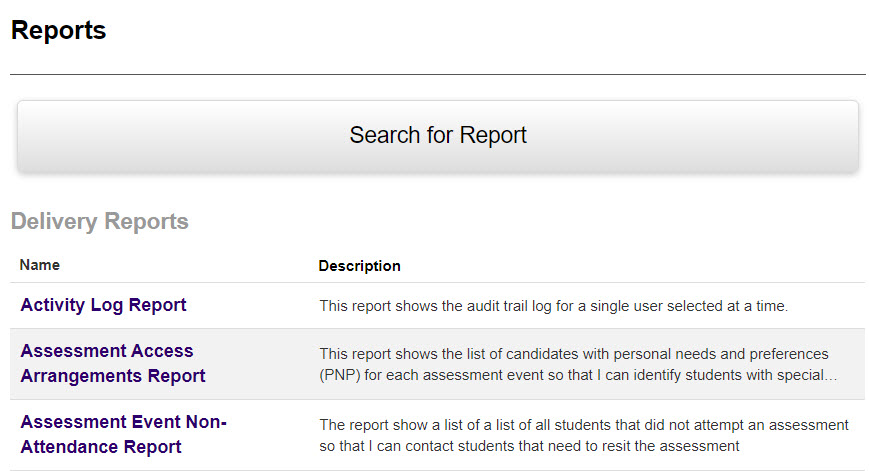 Search for or select desired report
