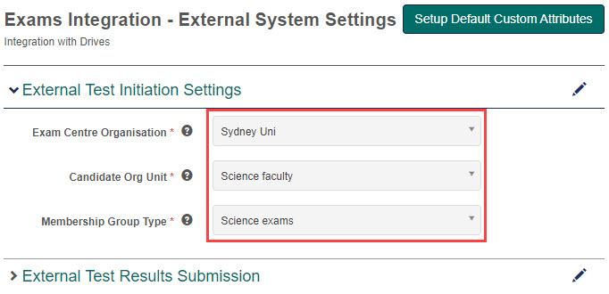 External Test Initiation Settings screen