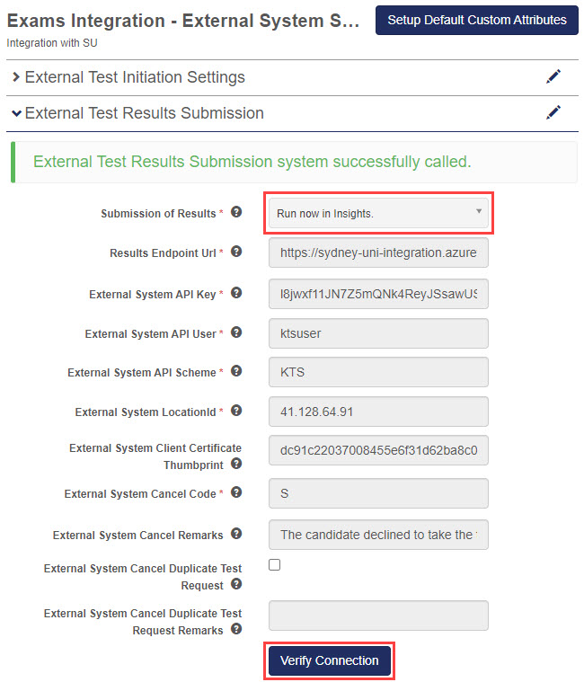 External Test Results Submission settings screen