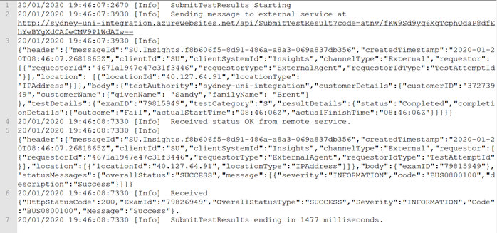 Example content sent to the external system