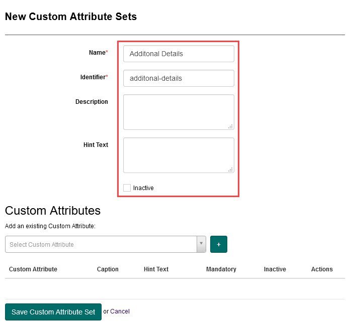 New Custom Attribute Sets screen